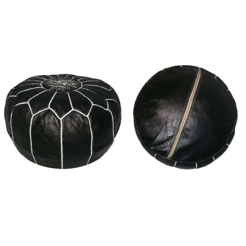 Set of 2 Moroccan handmade leather pouf Black